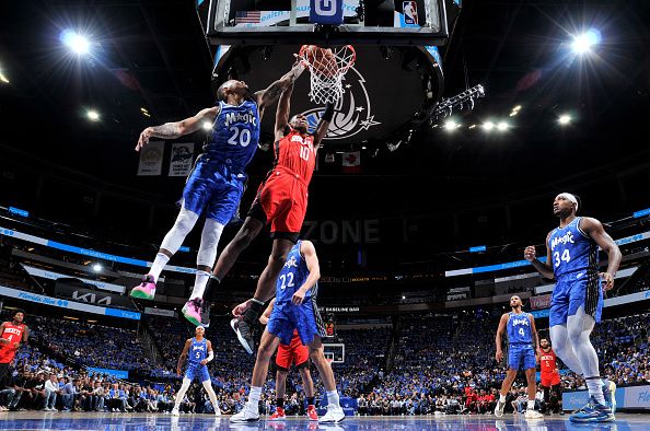 ORLANDO, FL - OCTOBER 25: Jabari Smith Jr. #10 of the Houston Rockets dunks the ball during the game against the Orlando Magic on October 25, 2023 at Amway Center in Orlando, Florida. NOTE TO USER: User expressly acknowledges and agrees that, by downloading and or using this photograph, User is consenting to the terms and conditions of the Getty Images License Agreement. Mandatory Copyright Notice: Copyright 2023 NBAE (Photo by Fernando Medina/NBAE via Getty Images)