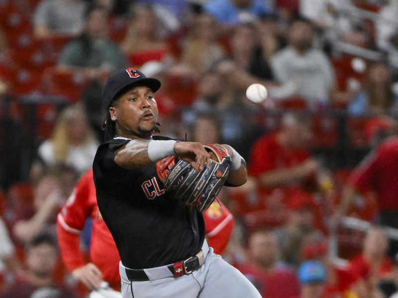 Sep 20, 2024; St. Louis, Missouri, USA;  Cleveland Guardians third baseman Jose Ramirez (11) throws on the run against the St. Louis Cardinals during the fifth inning at Busch Stadium. Mandatory Credit: Jeff Curry-Imagn Images