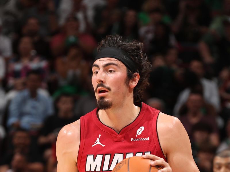 MIAMI, FL - MARCH 14: Jaime Jaquez Jr. #11 of the Miami Heat dribbles the ball during the game against the Boston Celtics on March 14, 2025 at Kaseya Center in Miami, Florida. NOTE TO USER: User expressly acknowledges and agrees that, by downloading and or using this Photograph, user is consenting to the terms and conditions of the Getty Images License Agreement. Mandatory Copyright Notice: Copyright 2025 NBAE (Photo by Issac Baldizon/NBAE via Getty Images)