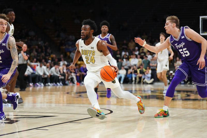 Feb 1, 2026; Boulder, Colorado, USA; Colorado Buffaloes guard Barrington Hargress (24) drives to the net in the second half against the Texas Christian University Horned Frogs at the CU Events Center. Mandatory Credit: Ron Chenoy-Imagn Images