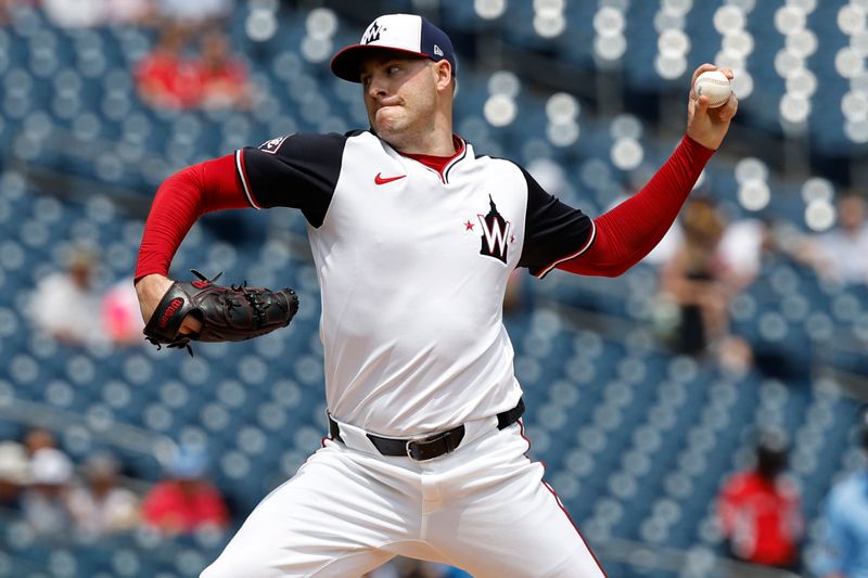 Jul 25, 2024; Washington, District of Columbia, USA; Washington Nationals starting pitcher Patrick Corbin (46) pitches against the San Diego Padres during the first inning at Nationals Park. Mandatory Credit: Geoff Burke-USA TODAY Sports