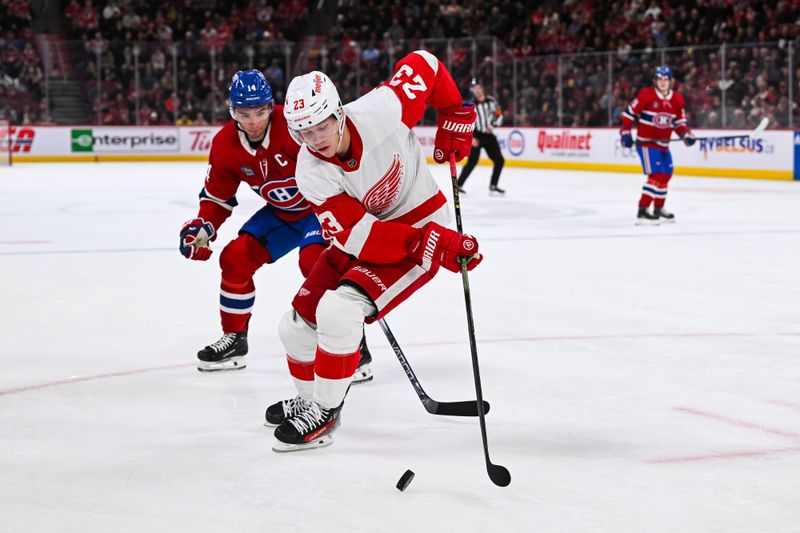 Dec 2, 2023; Montreal, Quebec, CAN; Detroit Red Wings left wing Lucas Raymond (23) defends the puck against Montreal Canadiens center Nick Suzuki (14) during the first period at Bell Centre. Mandatory Credit: David Kirouac-USA TODAY Sports