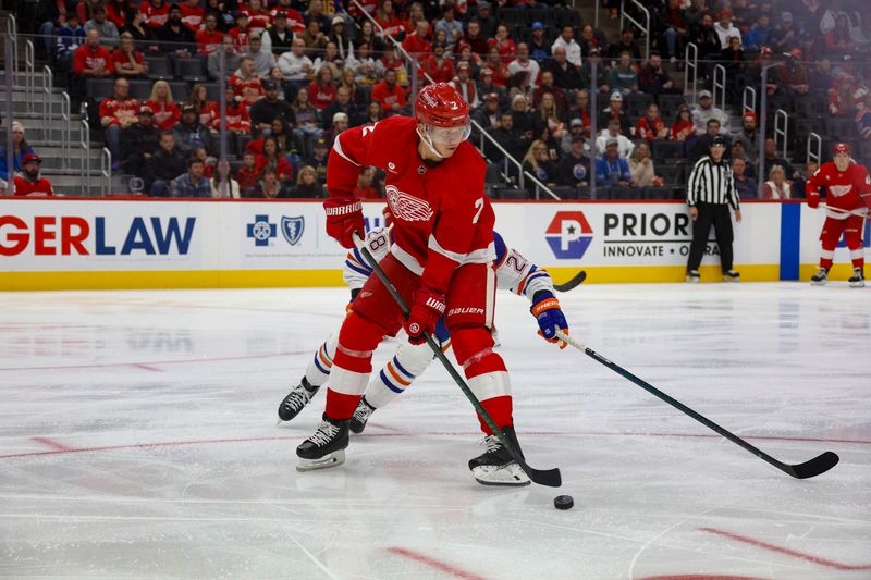 Oct 27, 2024; Detroit, Michigan, USA; Detroit Red Wings defenseman Olli Maatta (2) handles the puck during the first period against the Edmonton Oilers at Little Caesars Arena. Mandatory Credit: Brian Bradshaw Sevald-Imagn Images