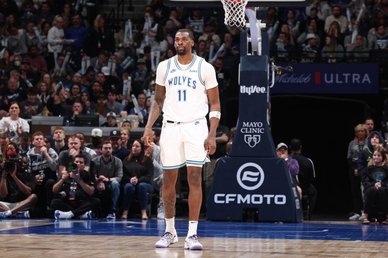 MINNEAPOLIS, MN -  MARCH 31: Naz Reid #11 of the Minnesota Timberwolves looks on during the game against the Chicago Bulls on March 31, 2024 at Target Center in Minneapolis, Minnesota. NOTE TO USER: User expressly acknowledges and agrees that, by downloading and or using this Photograph, user is consenting to the terms and conditions of the Getty Images License Agreement. Mandatory Copyright Notice: Copyright 2024 NBAE (Photo by David Sherman/NBAE via Getty Images)