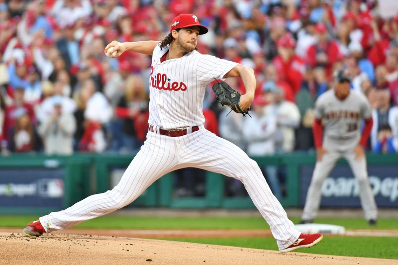 Oct 23, 2023; Philadelphia, Pennsylvania, USA; Philadelphia Phillies starting pitcher Aaron Nola (27) pitches during the first inning against the Arizona Diamondbacks in game six of the NLCS for the 2023 MLB playoffs at Citizens Bank Park. Mandatory Credit: Eric Hartline-USA TODAY Sports