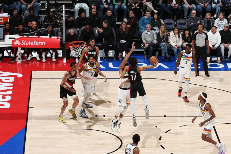 MINNEAPOLIS, MN -  APRIL 2: Shaedon Sharpe #17 of the Portland Trail Blazers drives to the basket during the game against the Minnesota Timberwolves on April 2, 2023 at Target Center in Minneapolis, Minnesota. NOTE TO USER: User expressly acknowledges and agrees that, by downloading and or using this Photograph, user is consenting to the terms and conditions of the Getty Images License Agreement. Mandatory Copyright Notice: Copyright 2023 NBAE (Photo by David Sherman/NBAE via Getty Images)