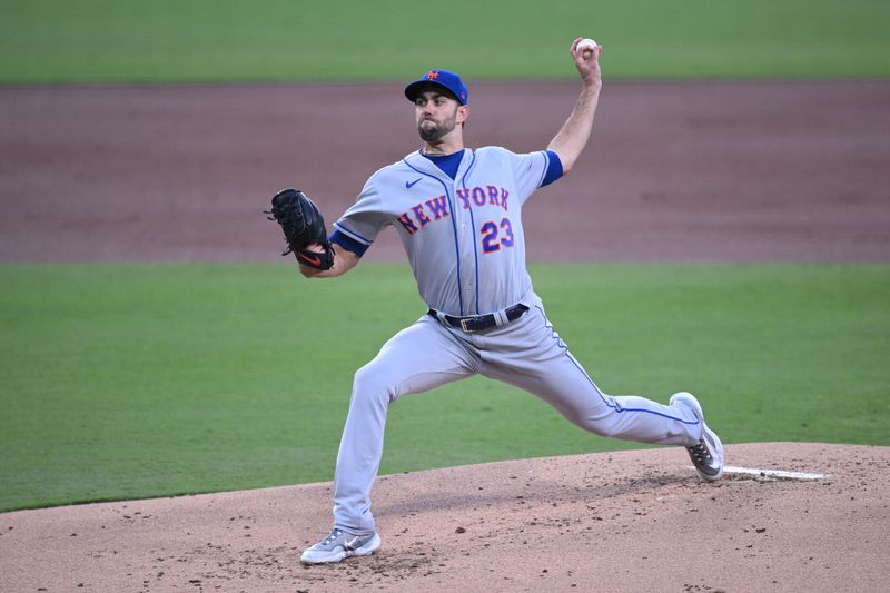 Jul 8, 2023; San Diego, California, USA; New York Mets starting pitcher David Peterson (23) throws a pitch against the San Diego Padres during the first inning at Petco Park. Mandatory Credit: Orlando Ramirez-USA TODAY Sports