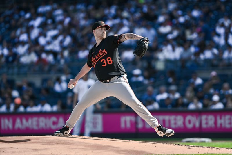 Sep 28, 2025; Bronx, New York, USA; Baltimore Orioles pitcher Kyle Bradish (38) pitches against the New York Yankees during the first inning at Yankee Stadium. Mandatory Credit: John Jones-Imagn Images