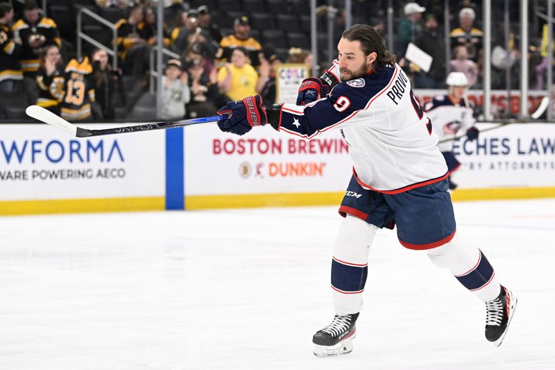 Feb 26, 2026; Boston, Massachusetts, USA; Columbus Blue Jackets defenseman Ivan Provorov (9) warms up before a game against the Boston Bruins at TD Garden. Mandatory Credit: Eric Canha-Imagn Images
