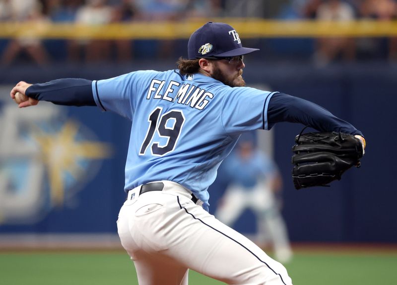 May 28, 2023; St. Petersburg, Florida, USA; Tampa Bay Rays relief pitcher Josh Fleming (19) throws a pitch against the Los Angeles Dodgers during the second inning at Tropicana Field. Mandatory Credit: Kim Klement-USA TODAY Sports