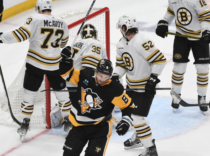 Apr 13, 2024; Pittsburgh, Pennsylvania, USA; Pittsburgh Penguins left wing Michael Bunting (8) celebrates a goal agaionst the Boston Bruins during the second period at PPG Paints Arena. Mandatory Credit: Philip G. Pavely-USA TODAY Sports