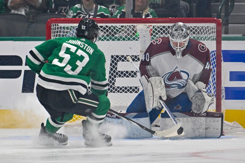 May 9, 2024; Dallas, Texas, USA; Colorado Avalanche goaltender Alexandar Georgiev (40) stops a breakaway shot by Dallas Stars center Wyatt Johnston (53) during the third period in game two of the second round of the 2024 Stanley Cup Playoffs at American Airlines Center. Mandatory Credit: Jerome Miron-USA TODAY Sports