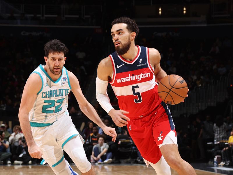 WASHINGTON, DC -? MARCH 8:  Tyus Jones #5 of the Washington Wizards handles the ball during the game  on March 8, 2024 at Capital One Arena in Washington, DC. NOTE TO USER: User expressly acknowledges and agrees that, by downloading and or using this Photograph, user is consenting to the terms and conditions of the Getty Images License Agreement. Mandatory Copyright Notice: Copyright 2024 NBAE (Photo by Stephen Gosling/NBAE via Getty Images)