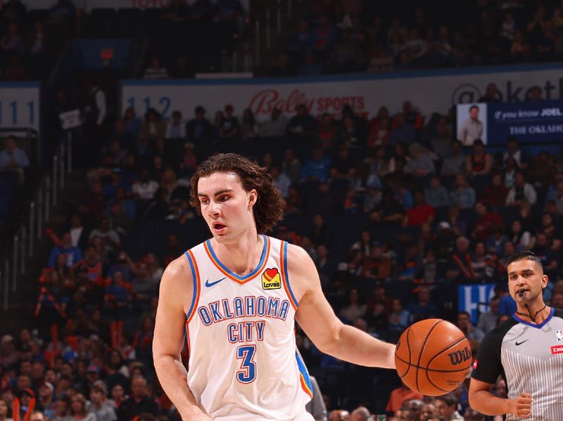 OKLAHOMA CITY, OK - FEBRUARY 23: Josh Giddey #3 of the Oklahoma City Thunder looks on during the game against the Washington Wizards on February 23, 2024 at Paycom Arena in Oklahoma City, Oklahoma. NOTE TO USER: User expressly acknowledges and agrees that, by downloading and or using this photograph, User is consenting to the terms and conditions of the Getty Images License Agreement. Mandatory Copyright Notice: Copyright 2024 NBAE (Photo by Zach Beeker/NBAE via Getty Images)