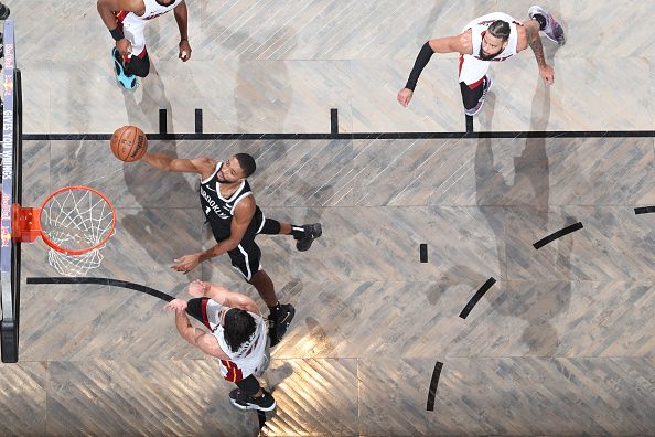 BROOKLYN, NY - NOVEMBER 25: Mikal Bridges #1 of the Brooklyn Nets drives to the basket during the game against the Miami Heat on November 25, 2023 at Barclays Center in Brooklyn, New York. NOTE TO USER: User expressly acknowledges and agrees that, by downloading and or using this Photograph, user is consenting to the terms and conditions of the Getty Images License Agreement. Mandatory Copyright Notice: Copyright 2023 NBAE (Photo by Nathaniel S. Butler/NBAE via Getty Images)