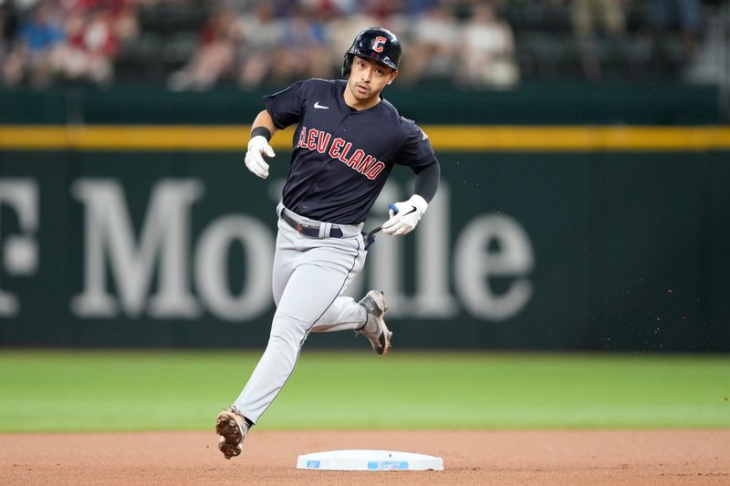 Jul 16, 2023; Arlington, Texas, USA; Cleveland Guardians left fielder Steven Kwan (38) circles the bases on his home run against the Texas Rangers during the first inning at Globe Life Field. Mandatory Credit: Jim Cowsert-USA TODAY Sports