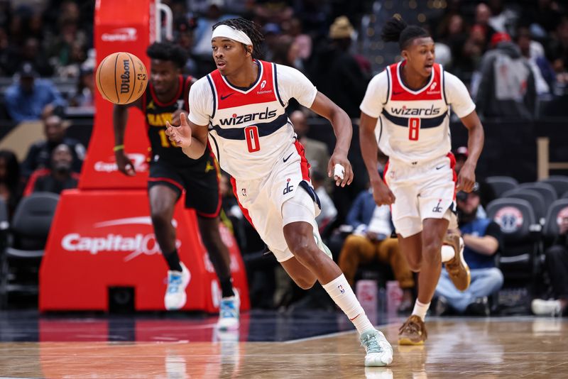 WASHINGTON, DC - OCTOBER 30: Bilal Coulibaly #0 of the Washington Wizards brings the ball up court against the Atlanta Hawks during the first half at Capital One Arena on October 30, 2024 in Washington, DC. NOTE TO USER: User expressly acknowledges and agrees that, by downloading and or using this photograph, User is consenting to the terms and conditions of the Getty Images License Agreement. (Photo by Scott Taetsch/Getty Images)