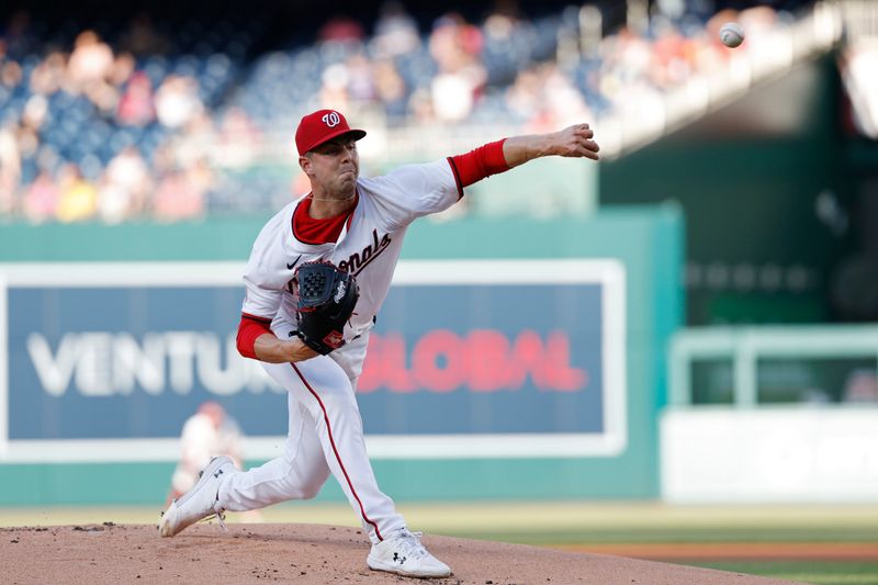 Jun 3, 2024; Washington, District of Columbia, USA; Washington Nationals starting pitcher MacKenzie Gore (1) pitches against the New York Mets during the first inning at Nationals Park. Mandatory Credit: Geoff Burke-USA TODAY Sports