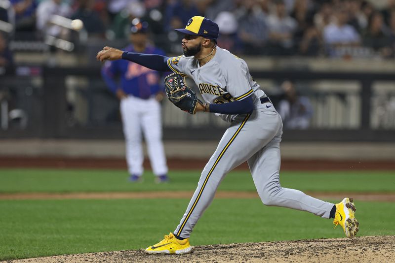 Jun 29, 2023; New York City, New York, USA; Milwaukee Brewers relief pitcher Devin Williams (38) delivers a pitch during the ninth inning against the New York Mets at Citi Field. Mandatory Credit: Vincent Carchietta-USA TODAY Sports