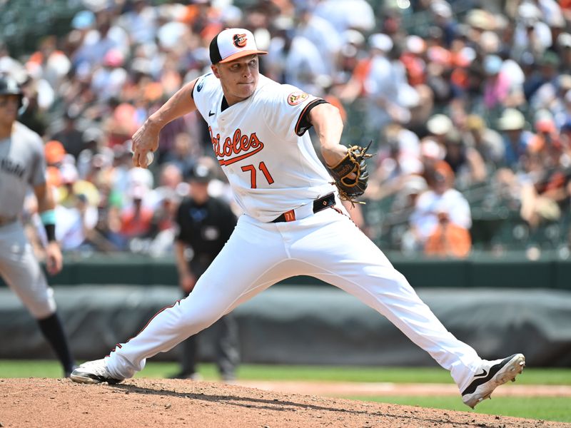 Jul 14, 2024; Baltimore, Maryland, USA;  Baltimore Orioles pitcher Jacob Webb (71) delivers a pitch during the fifth inning against the New York Yankees at Oriole Park at Camden Yards. Mandatory Credit: James A. Pittman-USA TODAY Sports