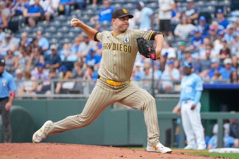 Jun 2, 2024; Kansas City, Missouri, USA; San Diego Padres starting pitcher Michael King (34) delivers a pitch against the Kansas City Royals during the first inning at Kauffman Stadium. Mandatory Credit: Denny Medley-USA TODAY Sports