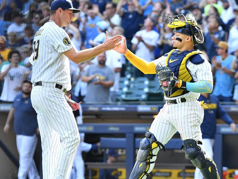 Aug 27, 2023; Milwaukee, Wisconsin, USA; Milwaukee Brewers relief pitcher Trevor Megill (29) and Milwaukee Brewers catcher William Contreras (24) celebrate a 10-6 win over the San Diego Padres at American Family Field. Mandatory Credit: Michael McLoone-USA TODAY Sports