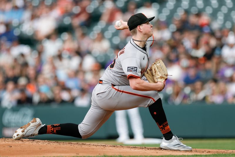 Jun 10, 2025; Denver, Colorado, USA; San Francisco Giants starting pitcher Kyle Harrison (45) pitches in the second inning against the Colorado Rockies at Coors Field. Mandatory Credit: Isaiah J. Downing-Imagn Images