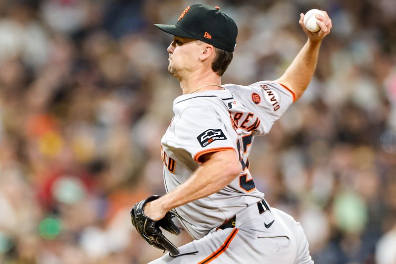 Sep 6, 2024; San Diego, California, USA; San Francisco Giants relief pitcher Austin Warren (57) throws a pitch during the seventh inning against the San Diego Padres at Petco Park. Mandatory Credit: David Frerker-Imagn Images