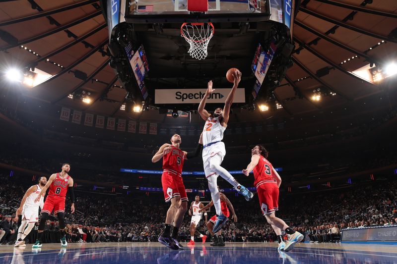 NEW YORK, NY - NOVEMBER 13: Karl-Anthony Towns #32 of the New York Knicks drives to the basket during the game against the Chicago Bulls on November 13, 2024 at Madison Square Garden in New York City, New York.  NOTE TO USER: User expressly acknowledges and agrees that, by downloading and or using this photograph, User is consenting to the terms and conditions of the Getty Images License Agreement. Mandatory Copyright Notice: Copyright 2024 NBAE  (Photo by Joe Murphy/NBAE via Getty Images)