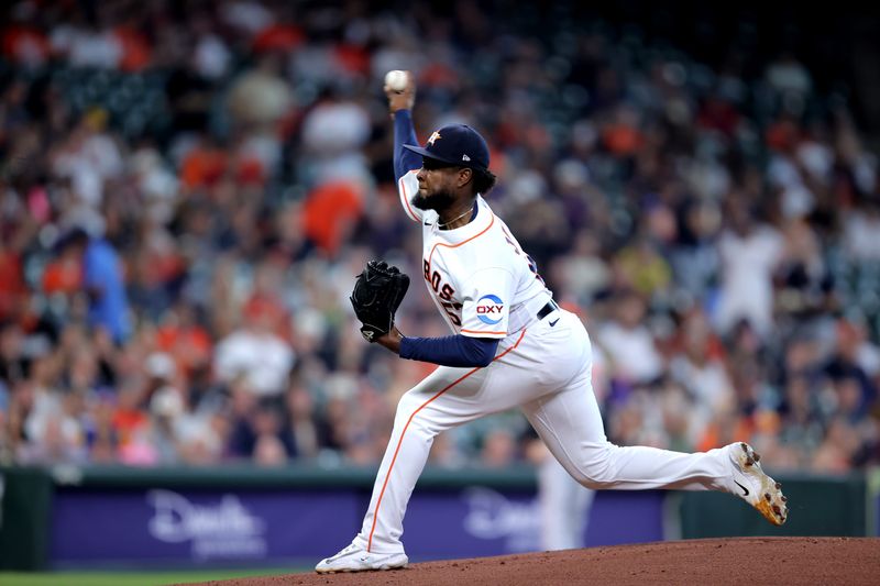 Sep 20, 2023; Houston, Texas, USA; Houston Astros starting pitcher Cristian Javier (53) delivers a pitch against the Baltimore Orioles during the first inning at Minute Maid Park. Mandatory Credit: Erik Williams-USA TODAY Sports