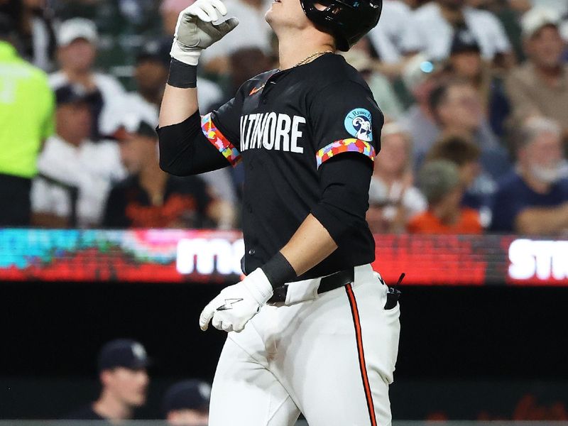 Sep 19, 2025; Baltimore, Maryland, USA; Baltimore Orioles first baseman Ryan Mountcastle (6) celebrates after hitting a home run during the second inning against the New York Yankees at Oriole Park at Camden Yards. Mandatory Credit: Daniel Kucin Jr.-Imagn Images