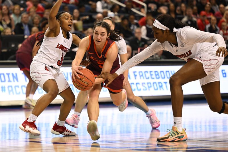 Mar 5, 2023; Greensboro, NC, USA; Virginia Tech Hokies guard Georgia Amoore (5) drives between Louisville Cardinals guard Chrislyn Carr (3) and forward Liz Dixon (22) during the second half at Greensboro Coliseum. Mandatory Credit: William Howard-USA TODAY Sports