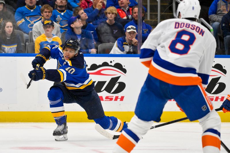 Oct 17, 2024; St. Louis, Missouri, USA;  St. Louis Blues center Brayden Schenn (10) shoots against the New York Islanders during the second period at Enterprise Center. Mandatory Credit: Jeff Curry-Imagn Images