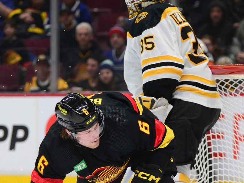 Feb 25, 2023; Vancouver, British Columbia, CAN; Vancouver Canucks forward Brock Boeser (6) looks for a loose puck in front o of Boston Bruins goaltender Linus Ullmark (35) during the third period at Rogers Arena. Mandatory Credit: Anne-Marie Sorvin-USA TODAY Sports