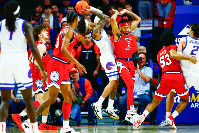 Feb 17, 2024; Boise, Idaho, USA; Boise State Broncos guard Roddie Anderson III (0) shoots during the first half against the Fresno State Bulldogs at ExtraMile Arena. Mandatory Credit: Brian Losness-USA TODAY Sports


