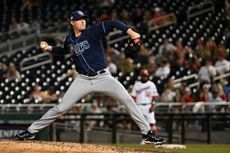 Apr 4, 2023; Washington, District of Columbia, USA; Tampa Bay Rays relief pitcher Pete Fairbanks (29) throws to the Washington Nationals during the ninth inning at Nationals Park. Mandatory Credit: Brad Mills-USA TODAY Sports