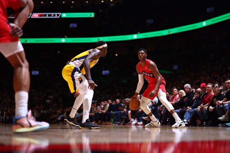 TORONTO, CANADA - FEBRUARY 14: RJ Barrett #9 of the Toronto Raptors dribbles the ball during the game against the Indiana Pacers on February 14, 2024 at the Scotiabank Arena in Toronto, Ontario, Canada.  NOTE TO USER: User expressly acknowledges and agrees that, by downloading and or using this Photograph, user is consenting to the terms and conditions of the Getty Images License Agreement.  Mandatory Copyright Notice: Copyright 2024 NBAE (Photo by Vaughn Ridley/NBAE via Getty Images)