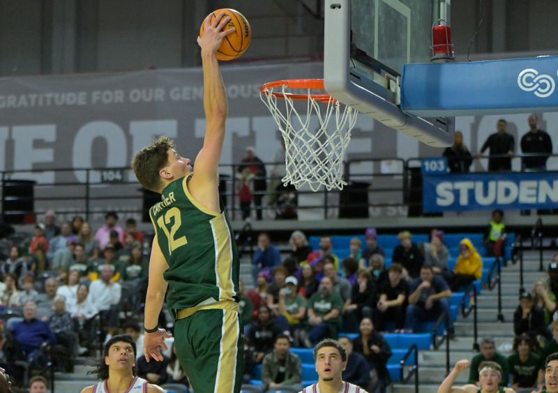 Dec 22, 2023; Los Angeles, California, USA; Colorado State Rams forward Patrick Cartier (12) goes up for a dunk in the final seconds of the game against the Loyola Marymount Lions at Gersten Pavilion. Mandatory Credit: Jayne Kamin-Oncea-USA TODAY Sports