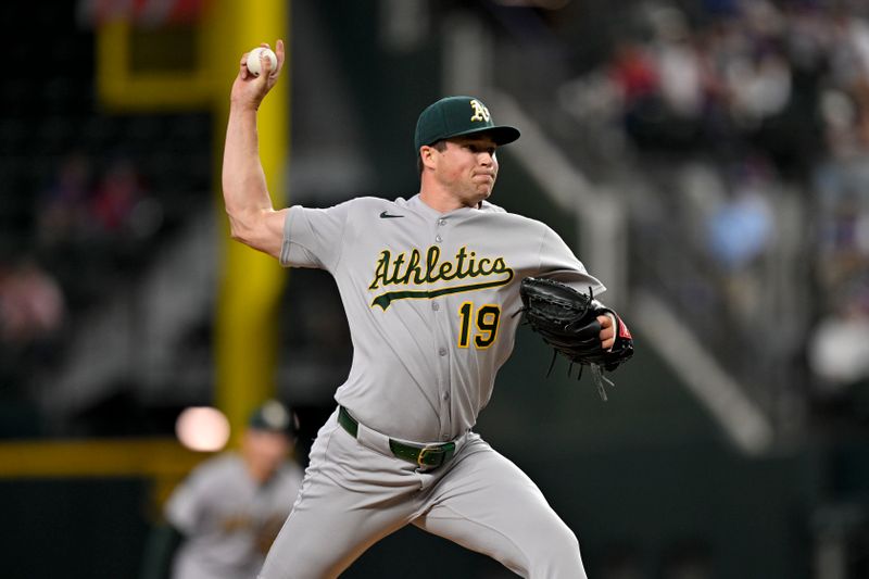 May 1, 2025; Arlington, Texas, USA; Athletics relief pitcher Mason Miller (19) pitches against the Texas Rangers during the ninth inning at Globe Life Field. Mandatory Credit: Jerome Miron-Imagn Images