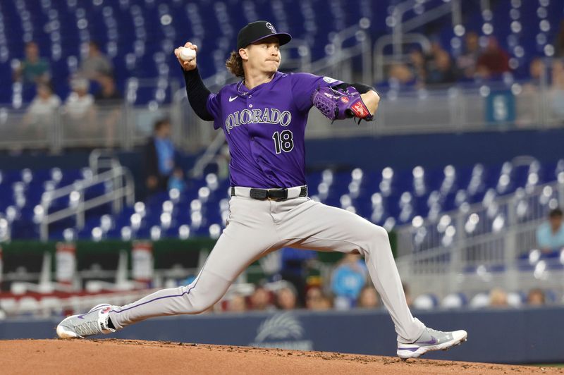 Apr 30, 2024; Miami, Florida, USA;  Colorado Rockies pitcher Ryan Feltner (18) delivers a pitch against the Miami Marlins in the first inning at loanDepot Park. Mandatory Credit: Rhona Wise-USA TODAY Sports