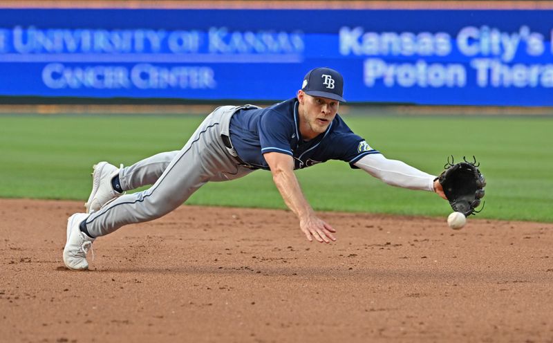 Jul 15, 2023; Kansas City, Missouri, USA;  Tampa Bay Rays second baseman Taylor Walls (6) dives for the ball against the Kansas City Royals in the fifth inning at Kauffman Stadium. Mandatory Credit: Peter Aiken-USA TODAY Sports