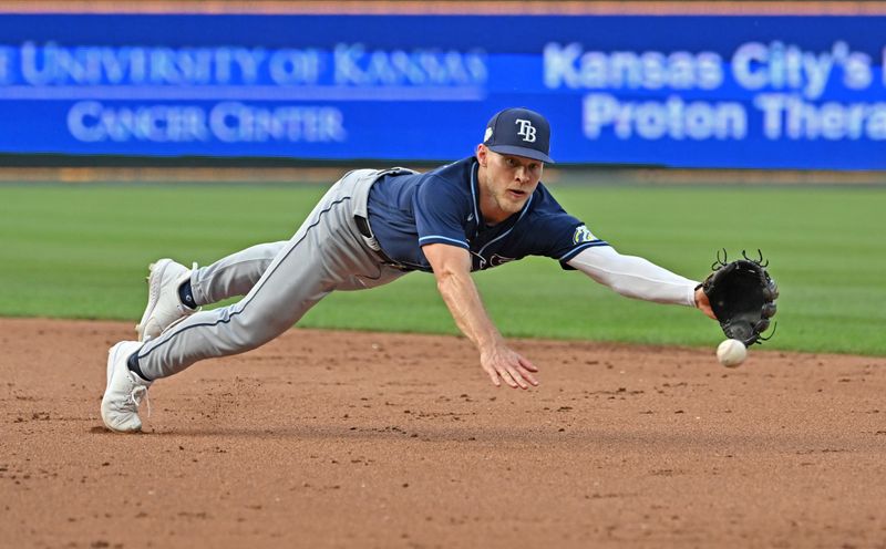 Jul 15, 2023; Kansas City, Missouri, USA;  Tampa Bay Rays second baseman Taylor Walls (6) dives for the ball against the Kansas City Royals in the fifth inning at Kauffman Stadium. Mandatory Credit: Peter Aiken-USA TODAY Sports