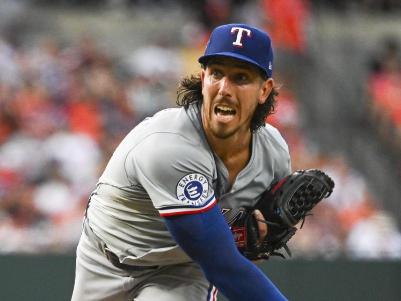 Jun 29, 2024; Baltimore, Maryland, USA;  Texas Rangers pitcher Michael Lorenzen (23) throws a first inning pitch against the Baltimore Orioles at Oriole Park at Camden Yards. Mandatory Credit: Tommy Gilligan-USA TODAY Sports