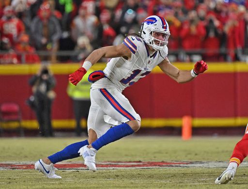 Buffalo Bills wide receiver Mack Hollins (13) runs up field during the AFC Championship NFL football game against the Kansas City Chiefs Sunday, Jan. 26, 2025, in Kansas City, Mo. (AP Photo/Peter Aiken)