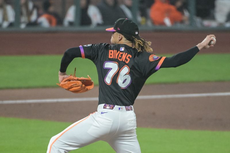 Jun 24, 2025; San Francisco, California, USA;  San Francisco Giants pitcher Spencer Bivens (76) throws a pitch against the Miami Marlins during the eighth inning at Oracle Park. Mandatory Credit: Ed Szczepanski-Imagn Images