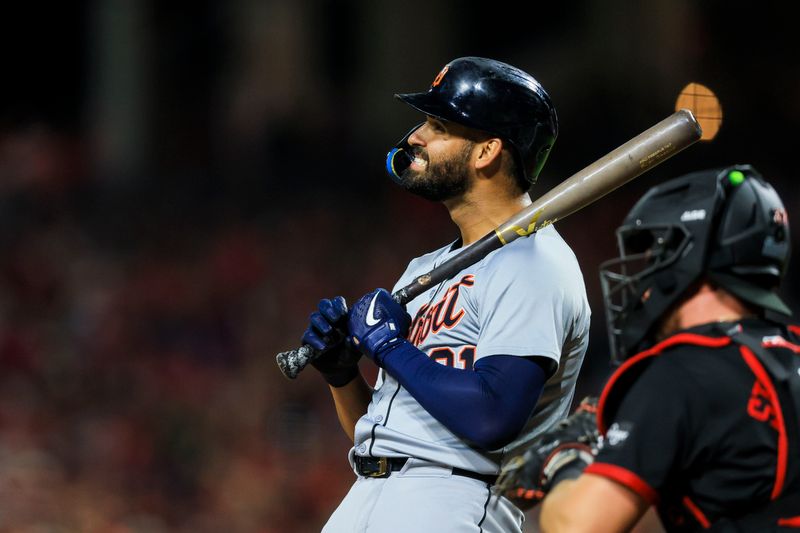 Jul 5, 2024; Cincinnati, Ohio, USA; Detroit Tigers outfielder Riley Greene (31) reacts after striking out in the ninth inning against the Cincinnati Reds at Great American Ball Park. Mandatory Credit: Katie Stratman-USA TODAY Sports