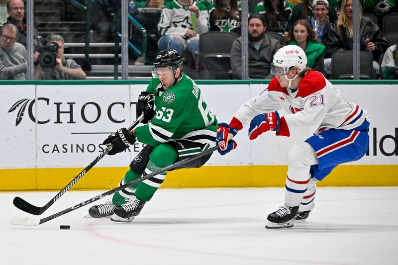 Jan 2, 2024; Dallas, Texas, USA; Dallas Stars right wing Evgenii Dadonov (63) skates past Montreal Canadiens defenseman Kaiden Guhle (21) during the second period at the American Airlines Center. Mandatory Credit: Jerome Miron-USA TODAY Sports