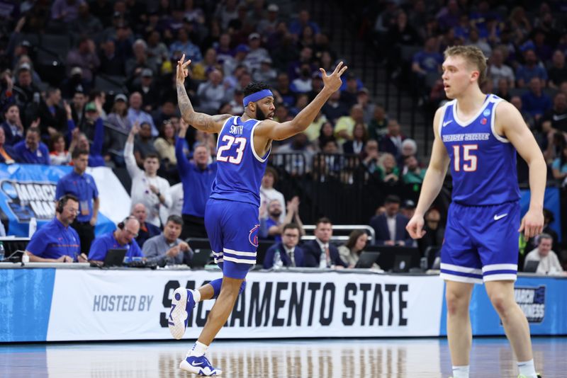 Mar 16, 2023; Sacramento, CA, USA;  Boise State Broncos forward Naje Smith (23) celebrates after scoring against the Northwestern Wildcats in the first half at Golden 1 Center. Mandatory Credit: Kelley L Cox-USA TODAY Sports