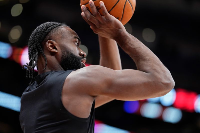 TORONTO, CANADA - FEBRUARY 25: Jaylen Brown #7 of the Boston Celtics warms up before the game against the Toronto Raptors on February 25, 2025 at the Scotiabank Arena in Toronto, Ontario, Canada. NOTE TO USER: User expressly acknowledges and agrees that, by downloading and or using this Photograph, user is consenting to the terms and conditions of the Getty Images License Agreement.  Mandatory Copyright Notice: Copyright 2025 NBAE(Photo by Mark Blinch/NBAE via Getty Images)