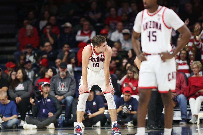 Jan 5, 2023; Tucson, Arizona, USA; Arizona Wildcats forward Azuolas Tubelis (10) after a foul call during the first half at McKale Center. Mandatory Credit: Zachary BonDurant-USA TODAY Sports